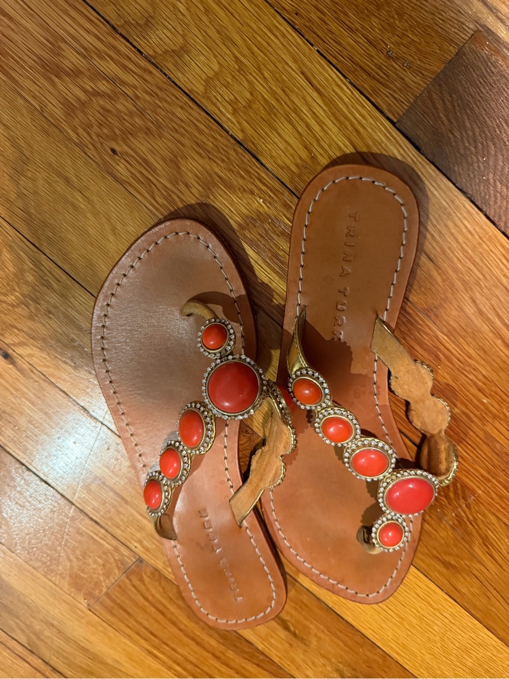 Trina Turk Brown Leather Sandals with Coral Red Stone Accents